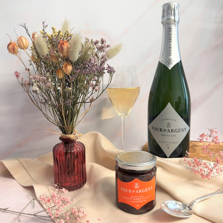 Félicitations ! Champagne, bouquet de fleurs & confiture