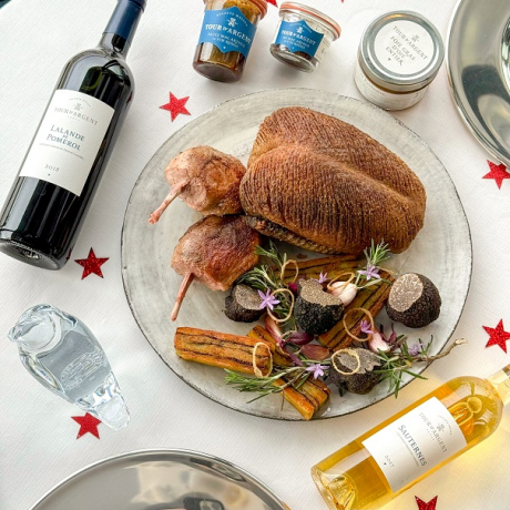 Christmas menu - Tour d'Argent duck with red wine, Foie Gras & Wines (Sauternes & Saint-Estèphe)