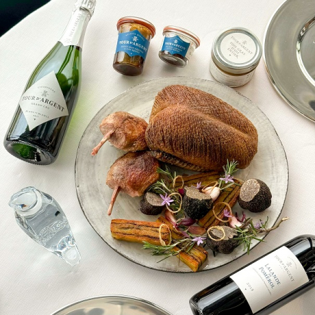 Christmas menu - Tour d'Argent duck with red wine, Foie Gras & Wines (Champagne & Saint-Estèphe)